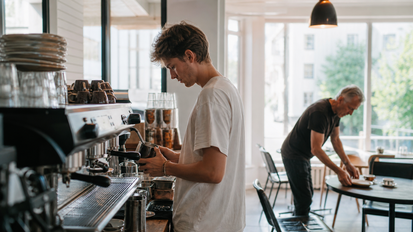 Ung barista lager kaffe i morgenrushet mens en kollega rydder bord i bakgrunnen.