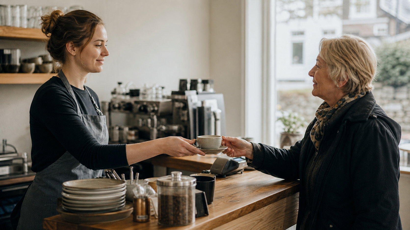 Ung kafemedarbeider gir en kaffekopp til en kunde over disken på ettermiddagen.