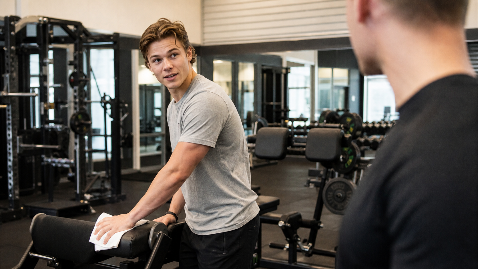 Ung ansatt på treningssenter snakker med et medlem mens han tørker av utstyret.